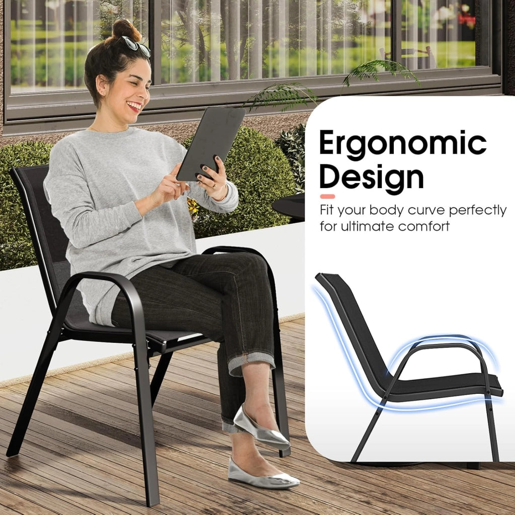 Set di 2 Sedie Impilabili, Sedia da Giardino con Corrimano, Telaio in Acciaio Tubolare Verniciato a Polvere, Sedia per Giardino e Patio