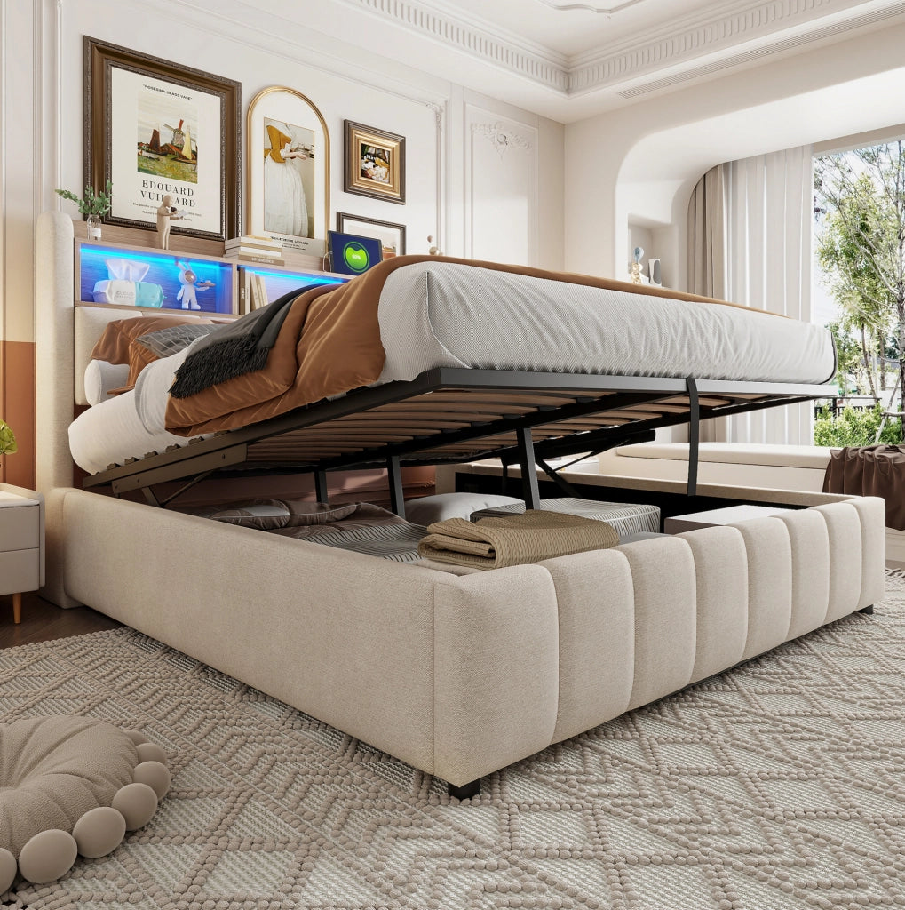 Letto matrimoniale imbottito 180x200 cm con LED; USB e contenitore; in lino beige