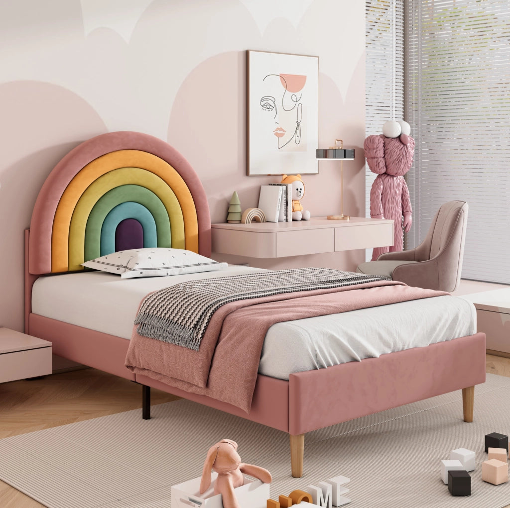 Letto imbottito 90x200 cm; testiera regolabile; velluto rosa (Senza materasso)