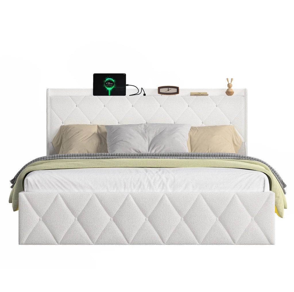 Letto imbottito 140x200 cm con LED; prese USB e ripiano in teddy bianco