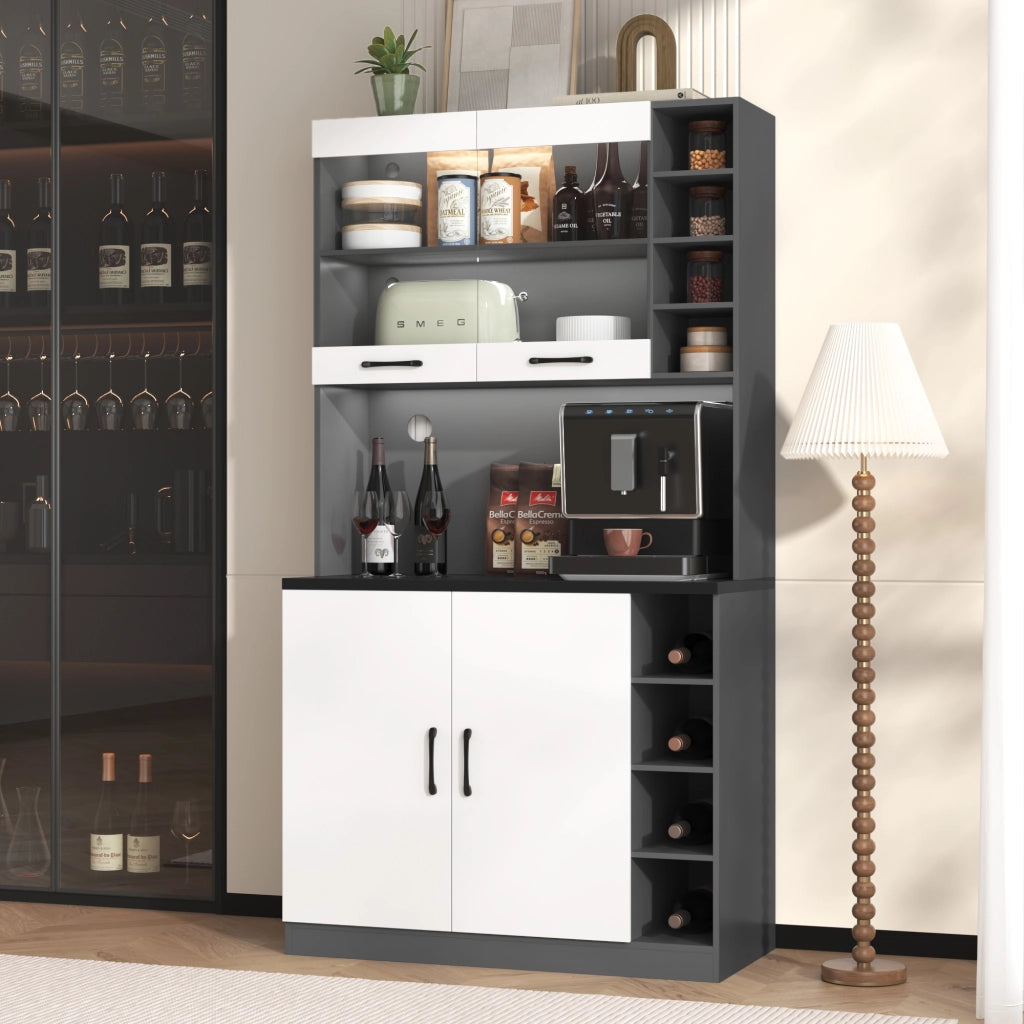 Credenza cucina moderna 100x47x187 cm con LED, ripiani regolabili e vano per microonde, bianco/grigio