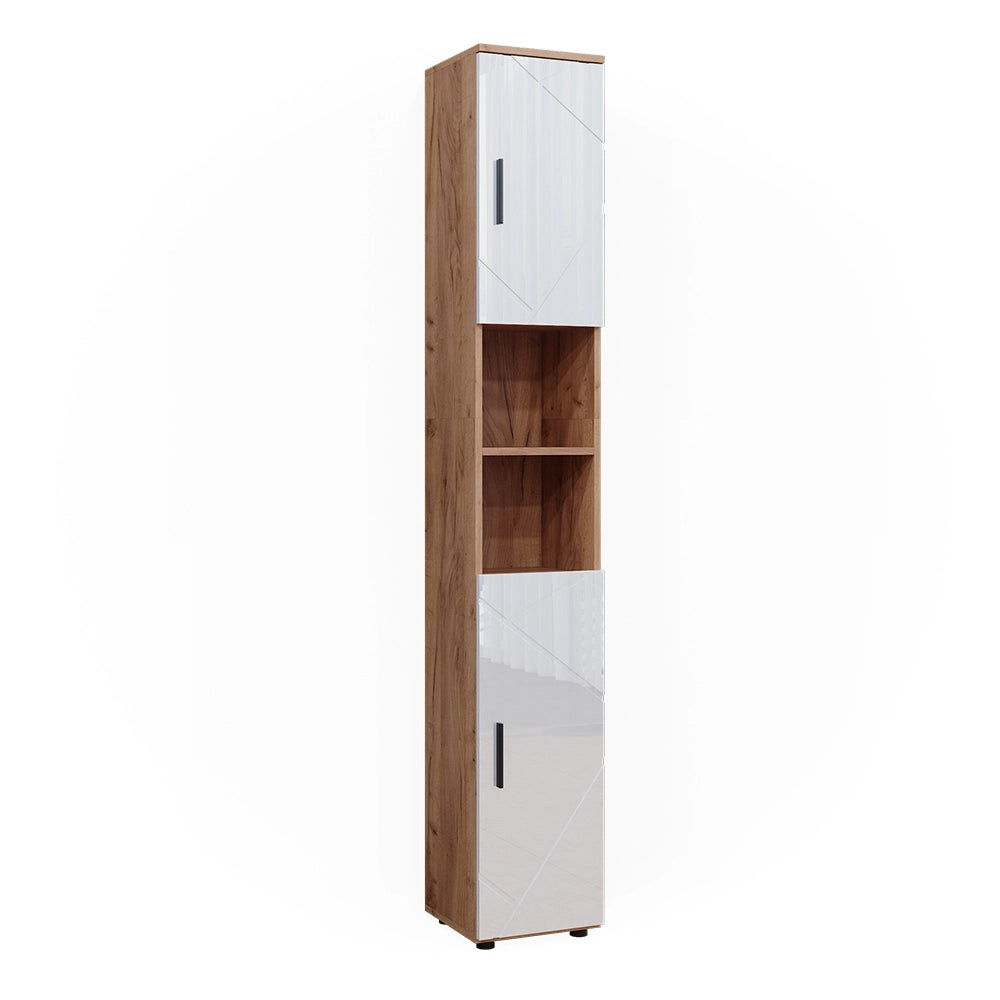 Armadio per il bagno Irma Bianco lucido/Rovere dorato 30 x 192 cm con ante e vani a giorno Vicco