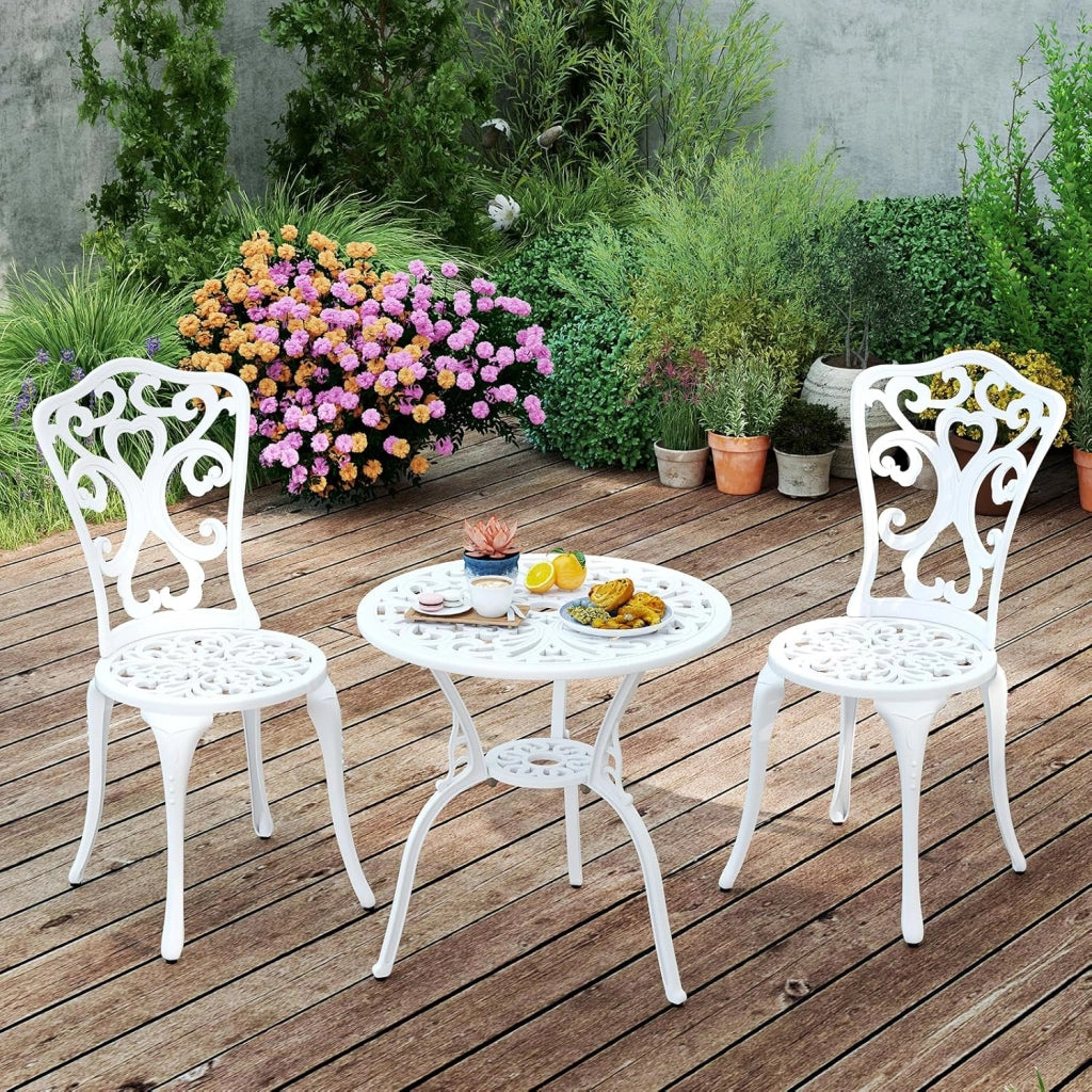Set Tavolo da Bistrot in Fusione di Alluminio Set da 3 Pezzi Tavolino con 2 Sedie per Giardino Balcone Bordo Piscina, Colore Verde Bronzo/Bianco (Bianco)