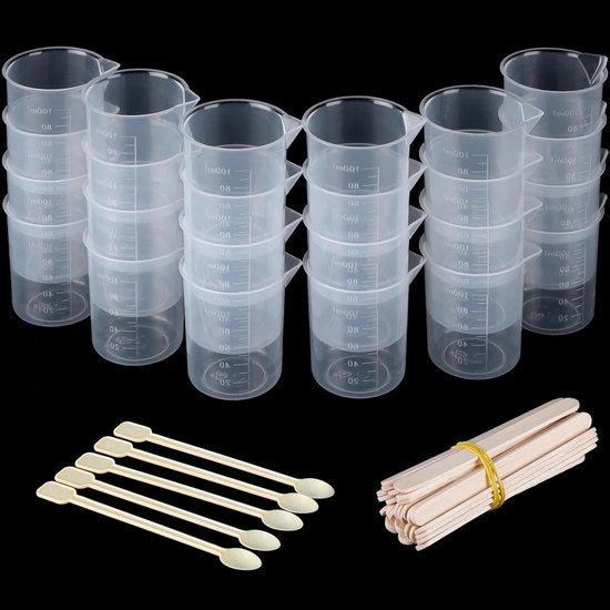Set di misure epoxy trasparenti - 100 ML - Bicchieri riciclabili - Inclusi bastoncini di ghiaccio e cucchiai in plastica - Per gioielli in epoxy o creazione di stampi.