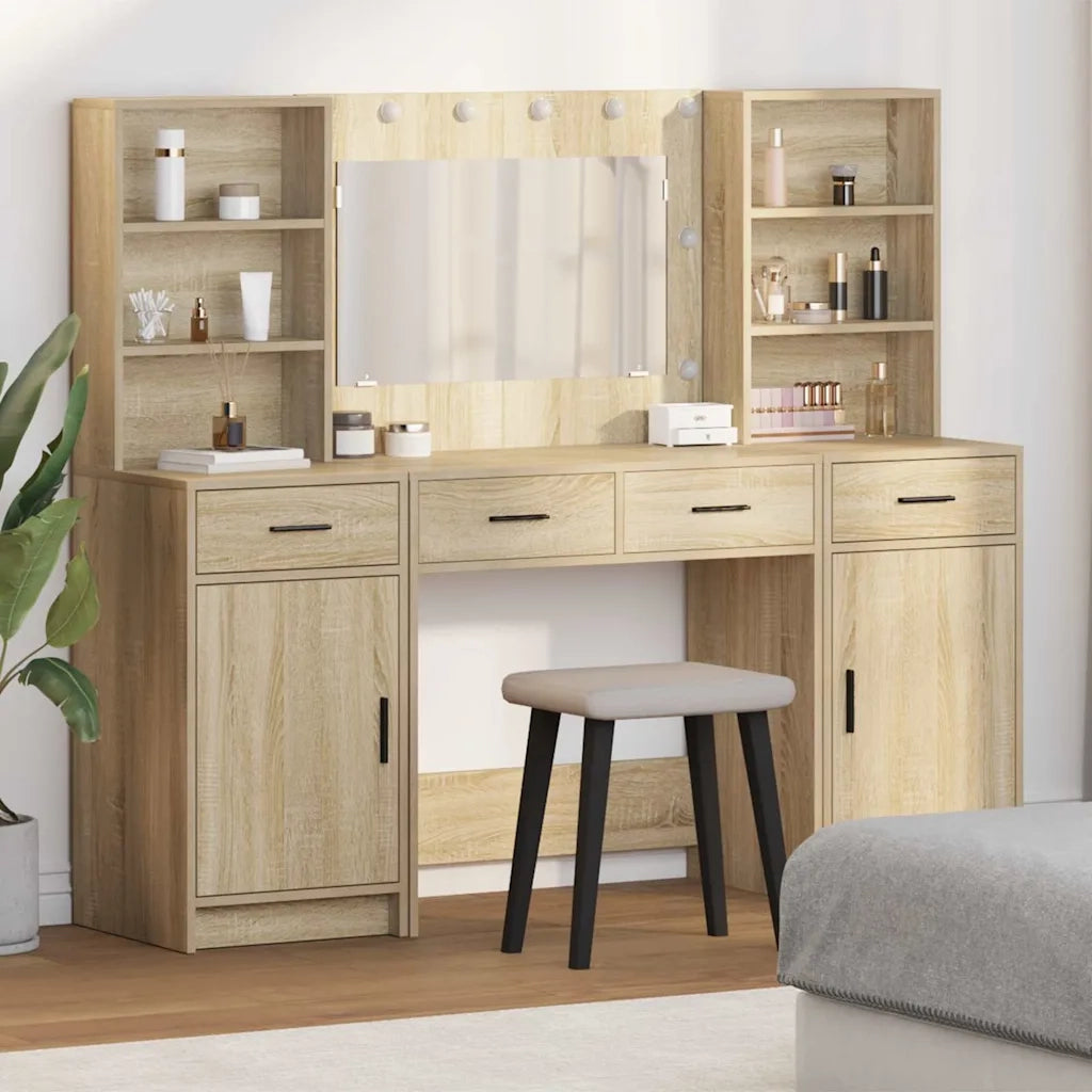 Set da Toeletta | Tavolo da Trucco con LED con porta 3 pz Rovere Sonoma