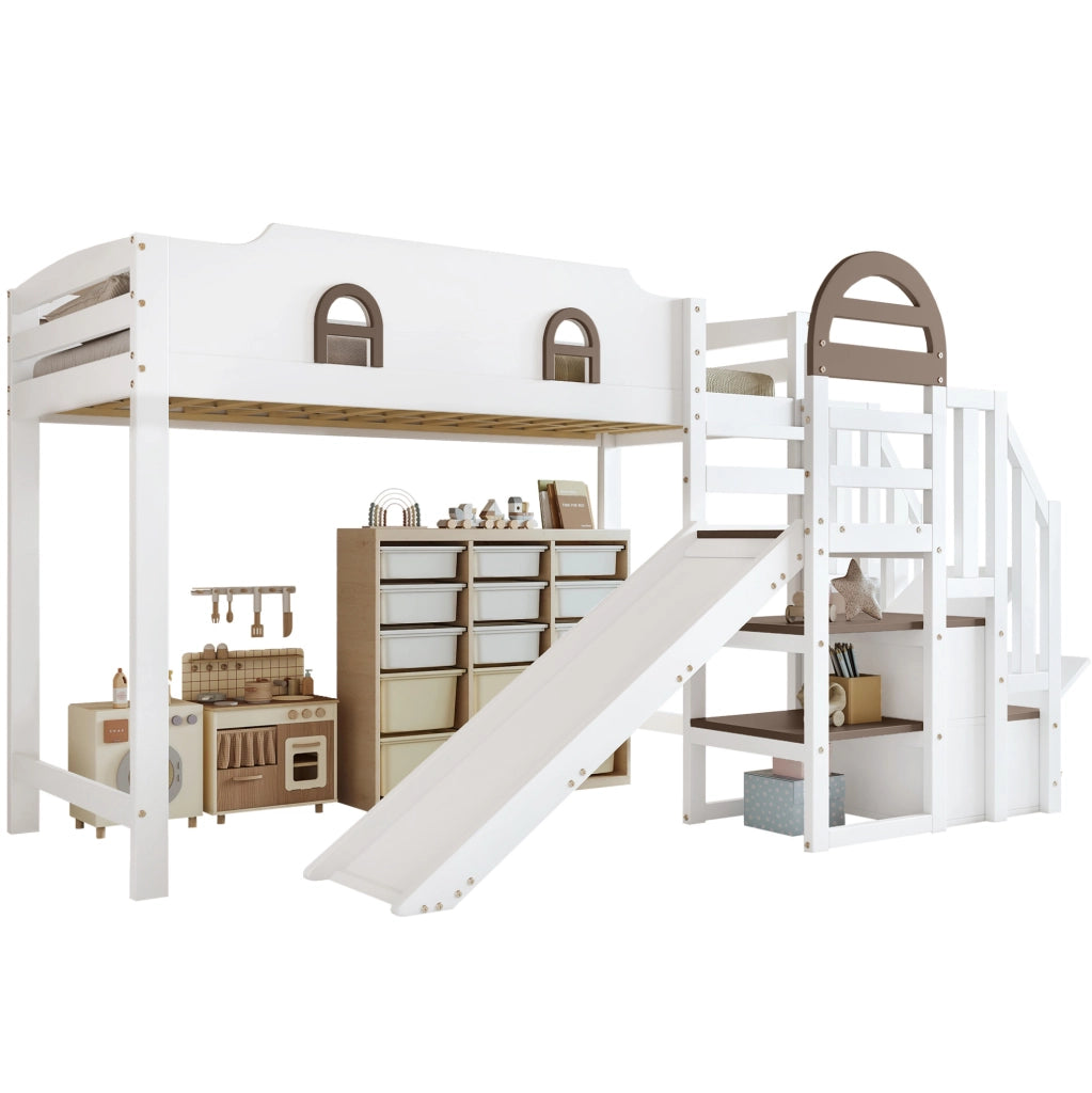 Letto a castello 90x200 cm con scivolo e scala contenitore in legno e MDF bianco