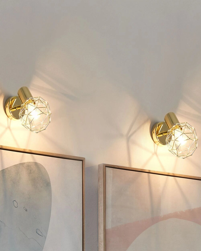 Set di 2 Lampade da Parete applique in metallo dorato con paralume a gabbia regolabile in posizione luce moderna stile glamour