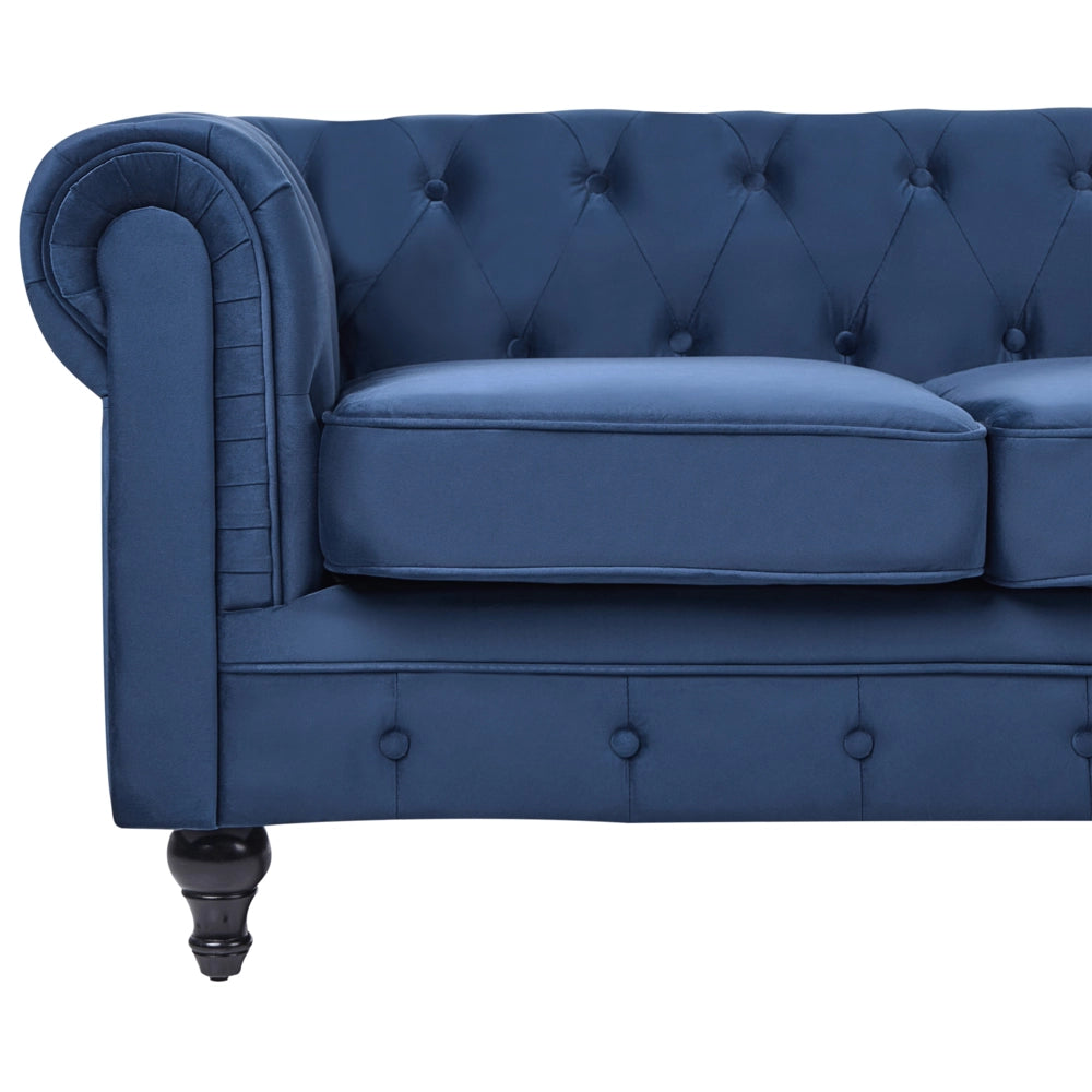 Chesterfield Soggiorno Set Rivestimento in Tessuto Velluto Blu Gambe in Legno Scuro Divano a 3 Posti + Poltrona Contemporanea