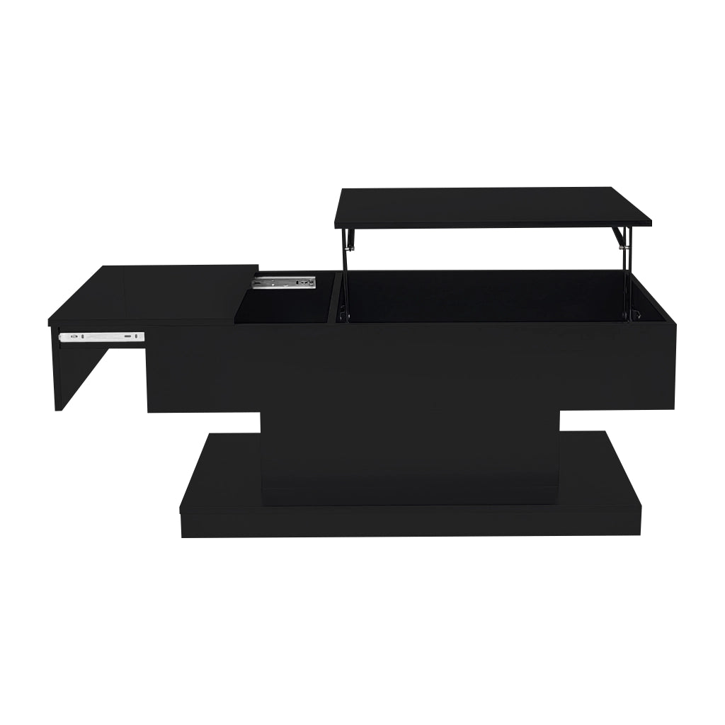 Tavolino da caff¨¨ moderno con sollevamento idraulico, piano scorrevole, LED e vano contenitore 100x50x45 cm nero