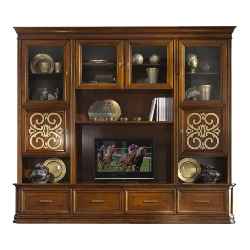 Parete attrezzata classica in legno noce bassano particolari oro 281x55x245 (1229) - Mobili 2G