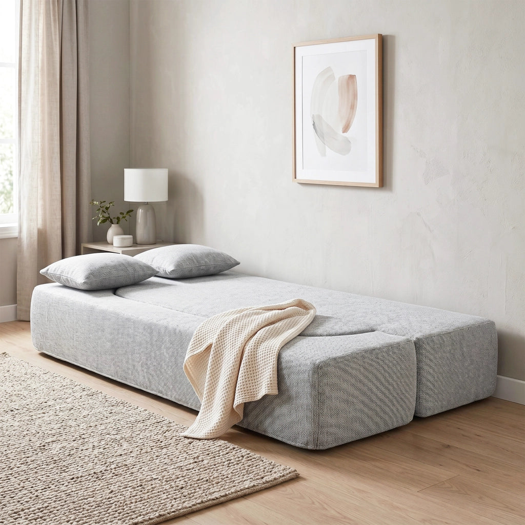Divano Letto 2 Posti 2 in 1 con 2 Cuscini Sfoderabili, Braccioli e Seduta Imbottita, in Ciniglia, Grigio Chiaro