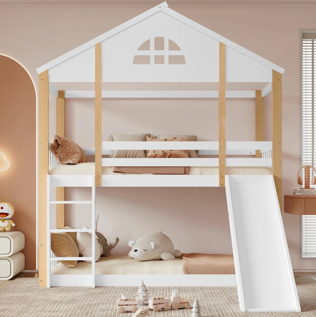 Letto a castello 90x200 cm con scivolo e scala a tre gradini in legno e MDF bianco e colore naturale
