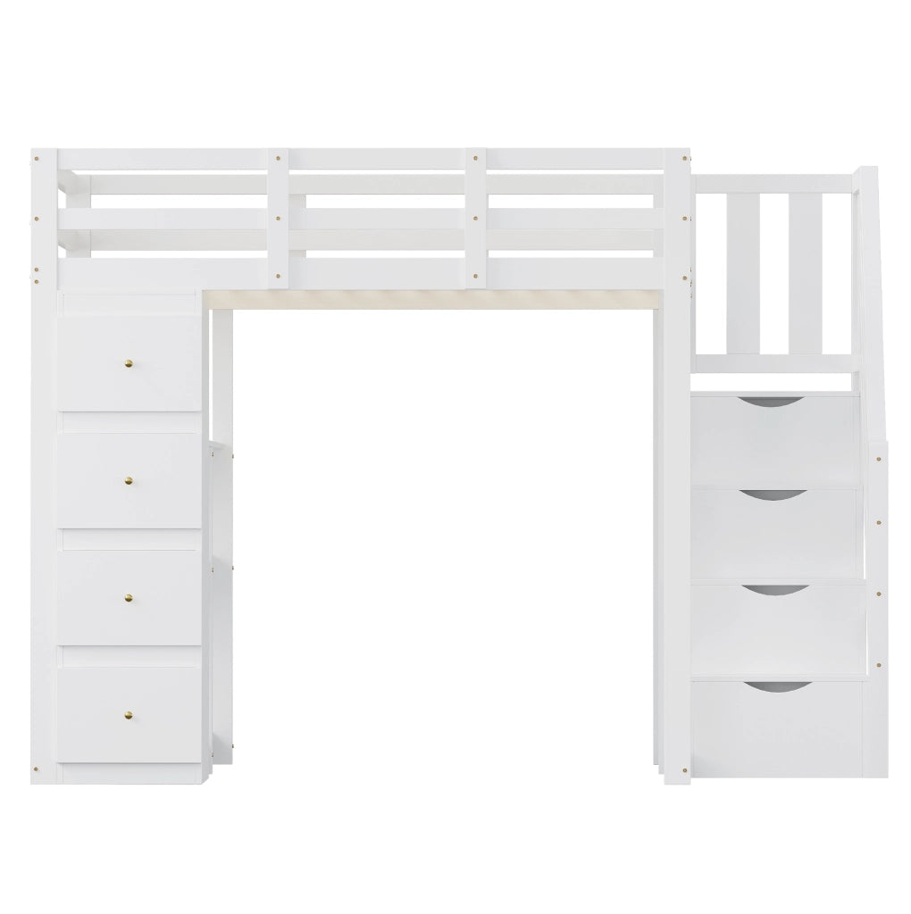 Letto a soppalco 140x200 cm in legno bianco con 4 cassetti; ripiani e scala laterale