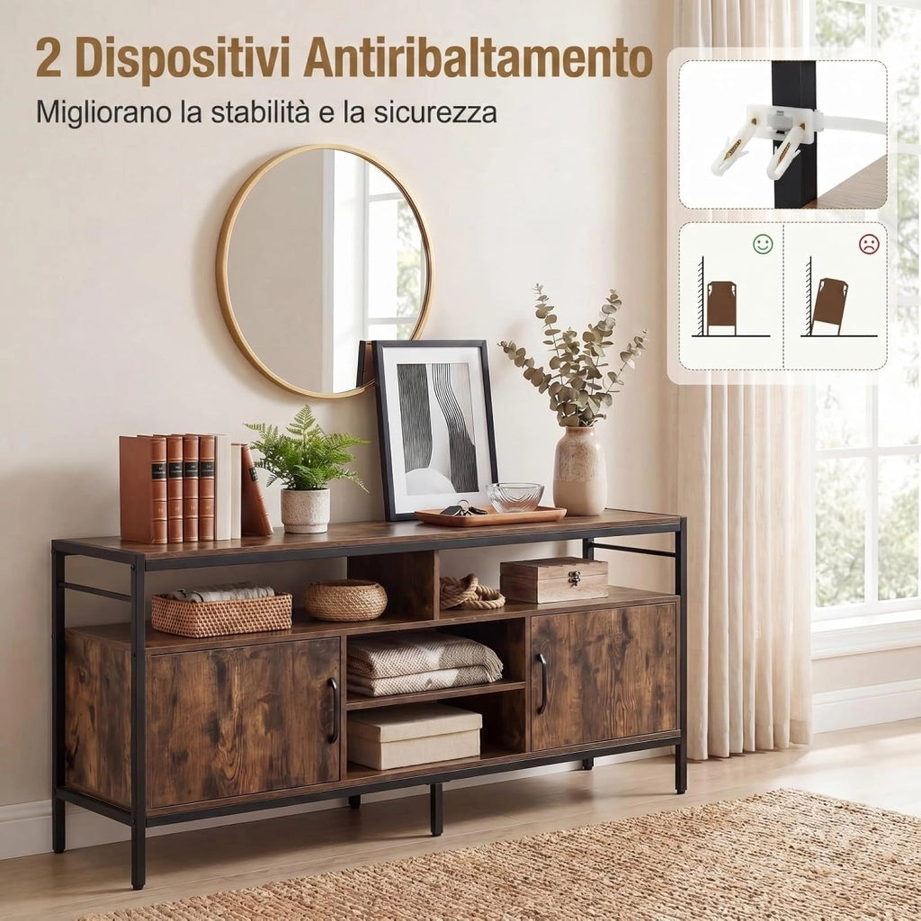 Mobile TV per Soggiorno, Mobile TV con 4 Ripiani Aperti e 2 Armadietti Chiusi, per Televisori fino a 65 Pollici, Stile Industriale con Struttura in Metallo per Camera da Letto (Marrone)