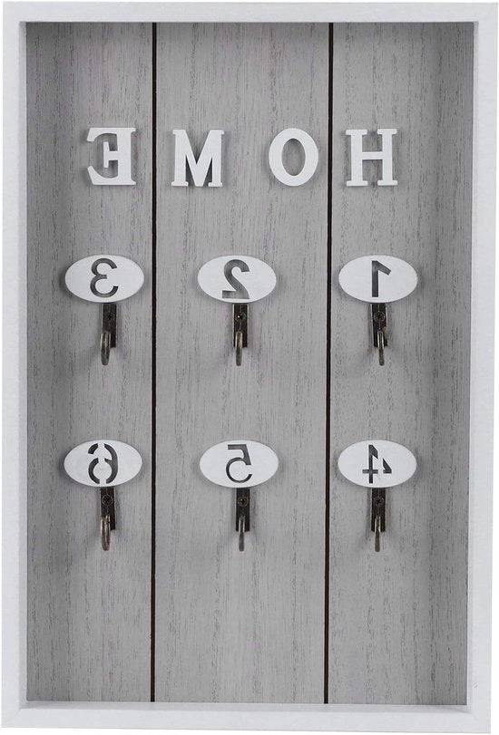 Sostegno per chiavi in legno con 6 ganci per decorazione in ingresso e cucina, bianco/grigio