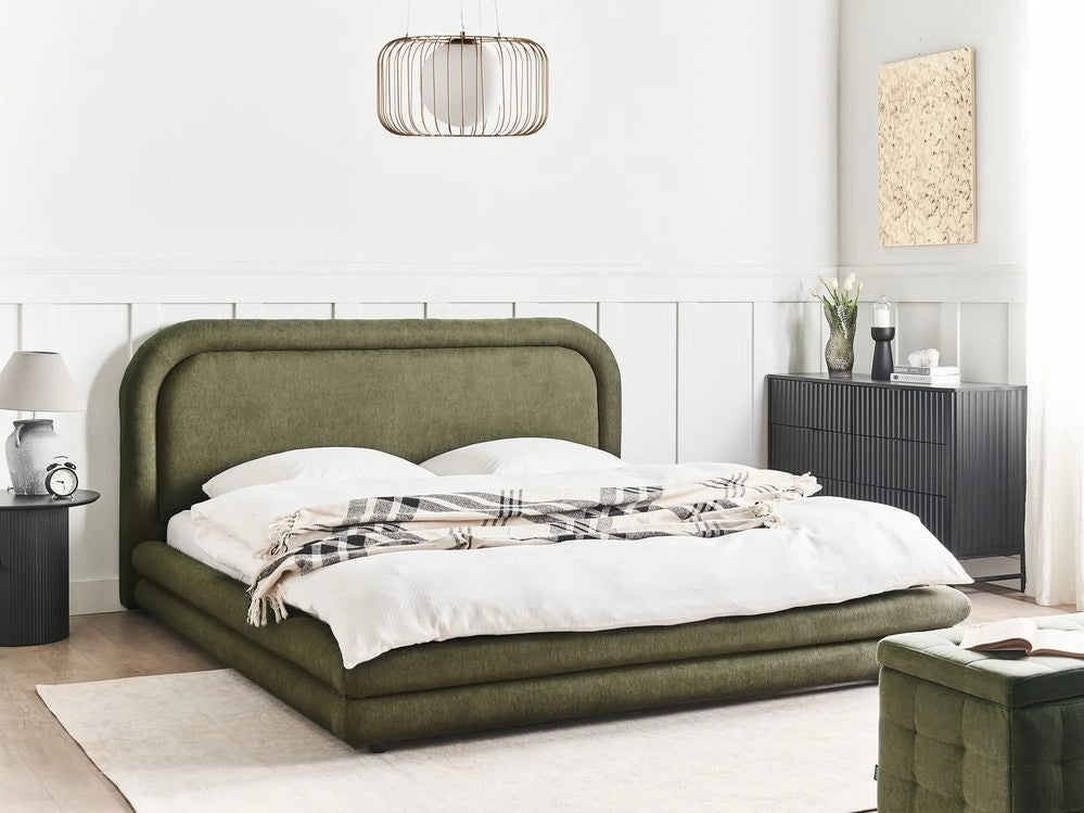 Letto imbottito in tessuto verde con testiera e giroletto 180 x 200 cm camera da letto elegante