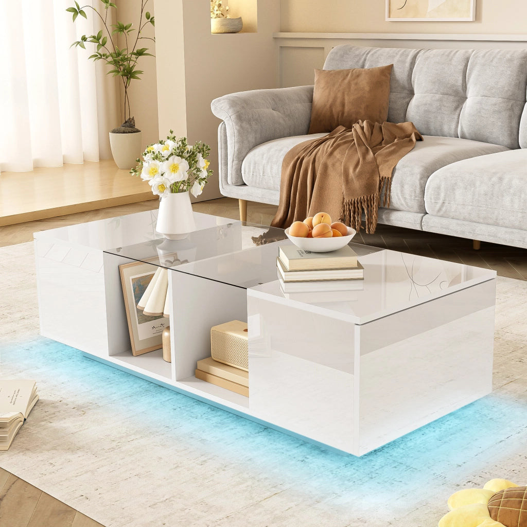 Tavolino da Salotto con 2 Ante e LED Bluetooth 16 Colori; Piano in Vetro; Bianco Lucido; in MDF e Truciolare; 120×50×38;5 cm