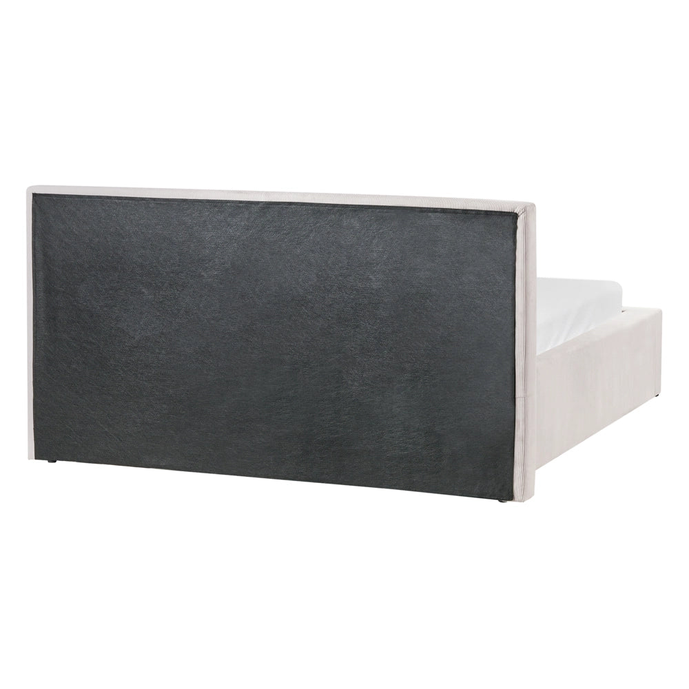 Letto con rete in velluto a coste beige chiaro rivestita in tessuto gambe in plastica contenitore 140 x 200 cm design moderno