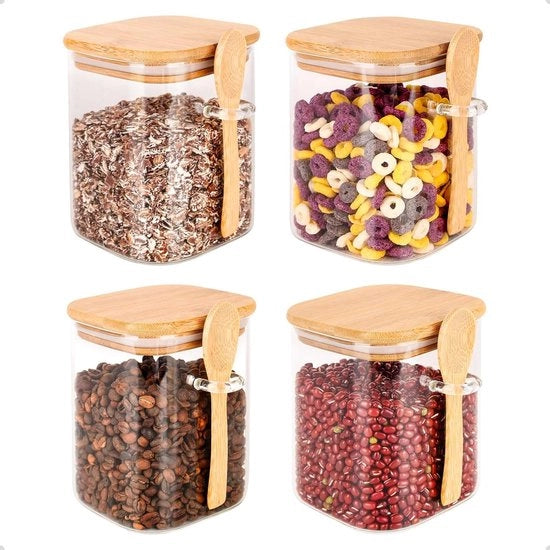 Contenitori in vetro a forma rettangolare da 950 ml con coperchio e cucchiaio set da 4 - contenitori per meal prep in vetro - contenitori a chiusura ermetica per spezie - contenitori in vetro borosilicato per l'organizzazione della cucina