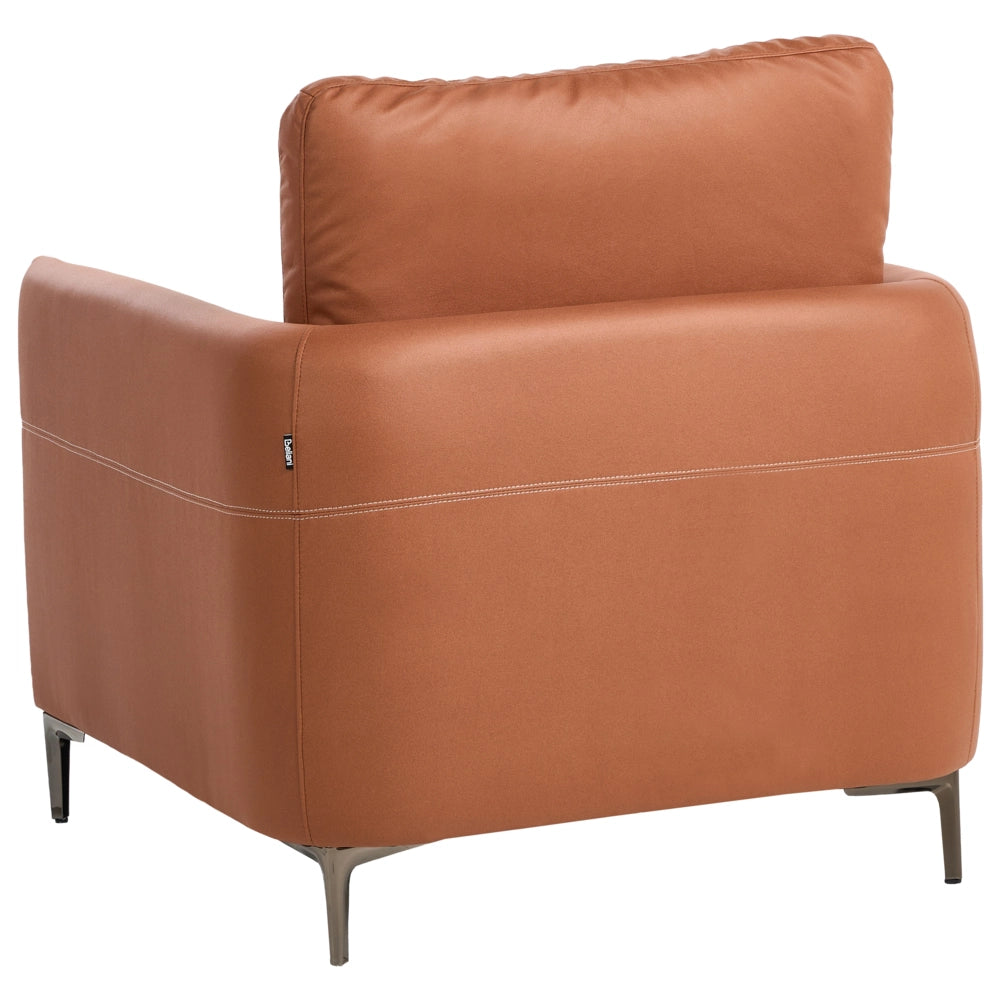 Poltrona in tessuto marrone dorato, imbottita, stile moderno, con gambe in metallo, minimalista