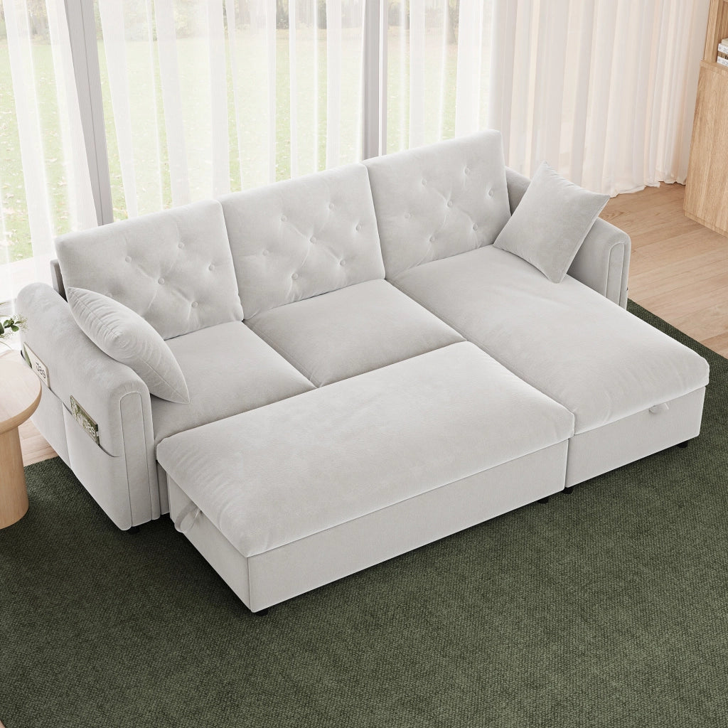 Divano angolare con chaise longue e pouf contenitore - in velluto beige 219 × 131 × 86 cm