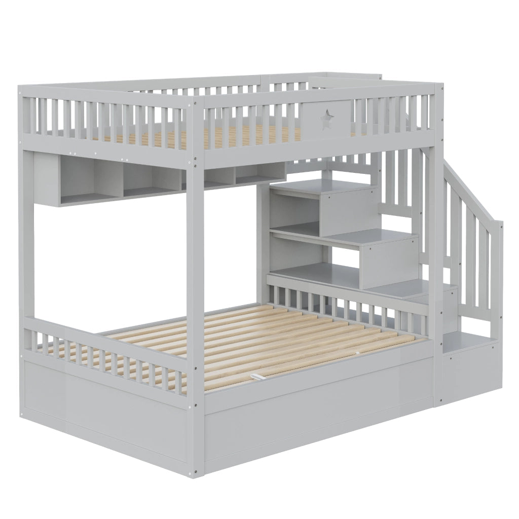 DESMIU Letto a soppalco 2 posti con vano idraulico, scaffali e scala contenitore 140 × 200 cm, senza materasso