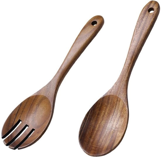 Insalata Servizio da 2 - Servizi per Insalata in Legno - Forchetta/Grattaruolo per Insalata - Legno di Acacia Duraturo - Acciaio Inox Lungo - Ideale per la Cucina - Servizio per Insalata