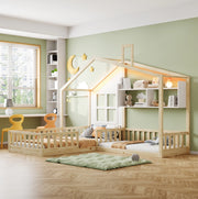 Letto per bambini a casetta 90x200 cm in legno e MDF; con LED; mensole e sponde di sicurezza