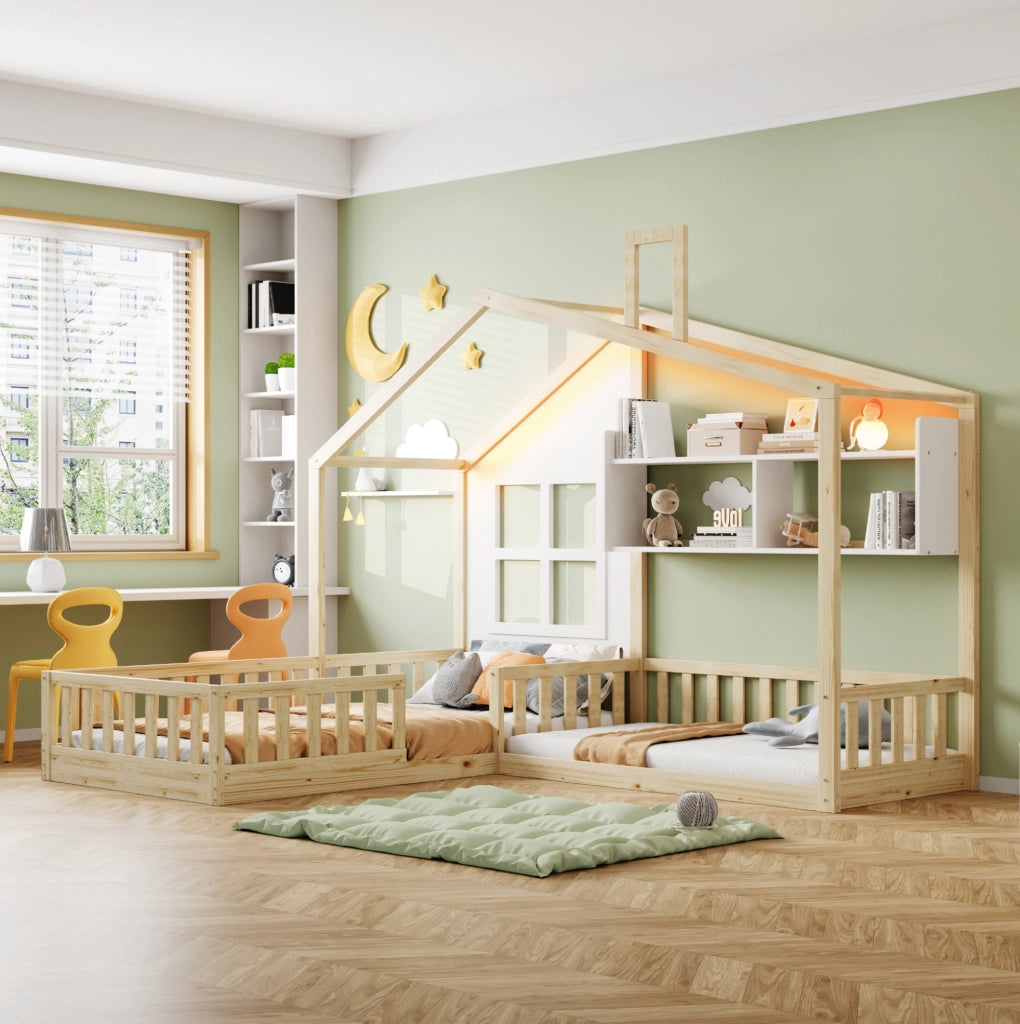 Letto per bambini a casetta 90x200 cm in legno e MDF; con LED; mensole e sponde di sicurezza