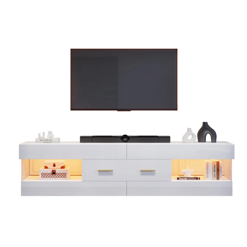 Mobile porta TV con LED, 2 cassetti e 4 vani aperti, in truciolare bianco lucido, per soggiorno, 152 × 35 × 40 cm