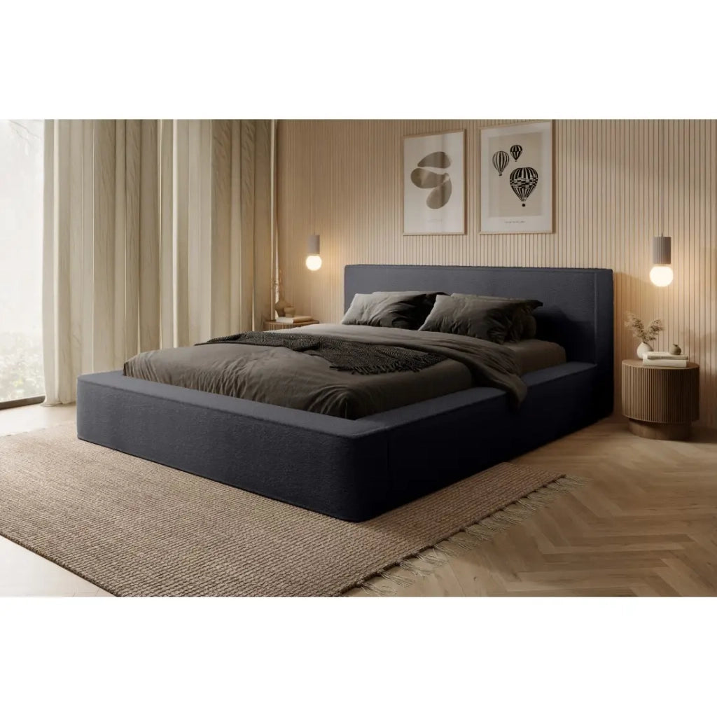 Letto contenitore VELORA – Antracite profondo bouclé – 160x200 cm – Tessuto velluto morbido – Rete sollevabile – Spazio di stoccaggio integrato