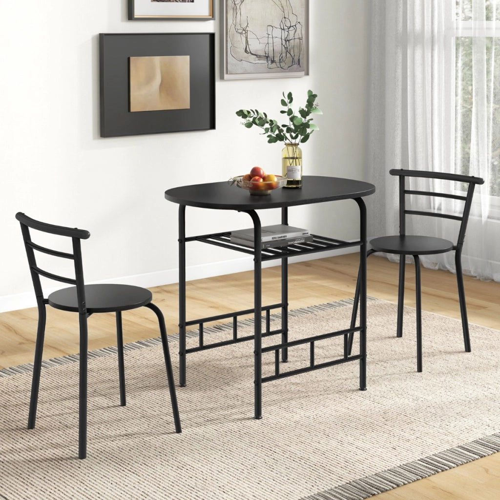 Set da tavolo da pranzo 3 pezzi con piano in grano di legno telaio in metallo, Set di mobili salvaspazio Nero-Tavoli e sedie da pranzo