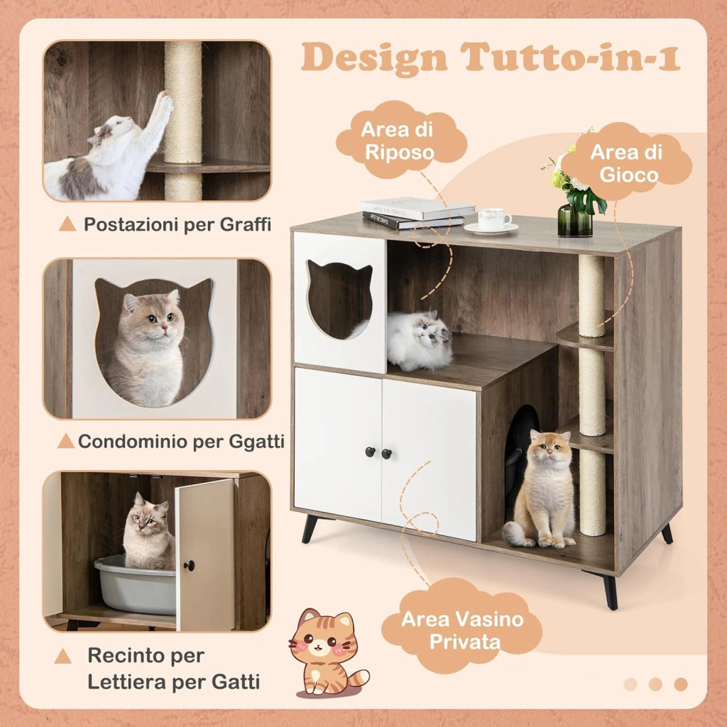 Mobile per Lettiera per Gatti, Cassetta per Gattini con 3 Pali in Sisal per Grattare, Comò per Gattini e 5 Gambe di Supporto in Metallo, Cuccia per Gatti da Interno, 100 x 51 x 91 cm