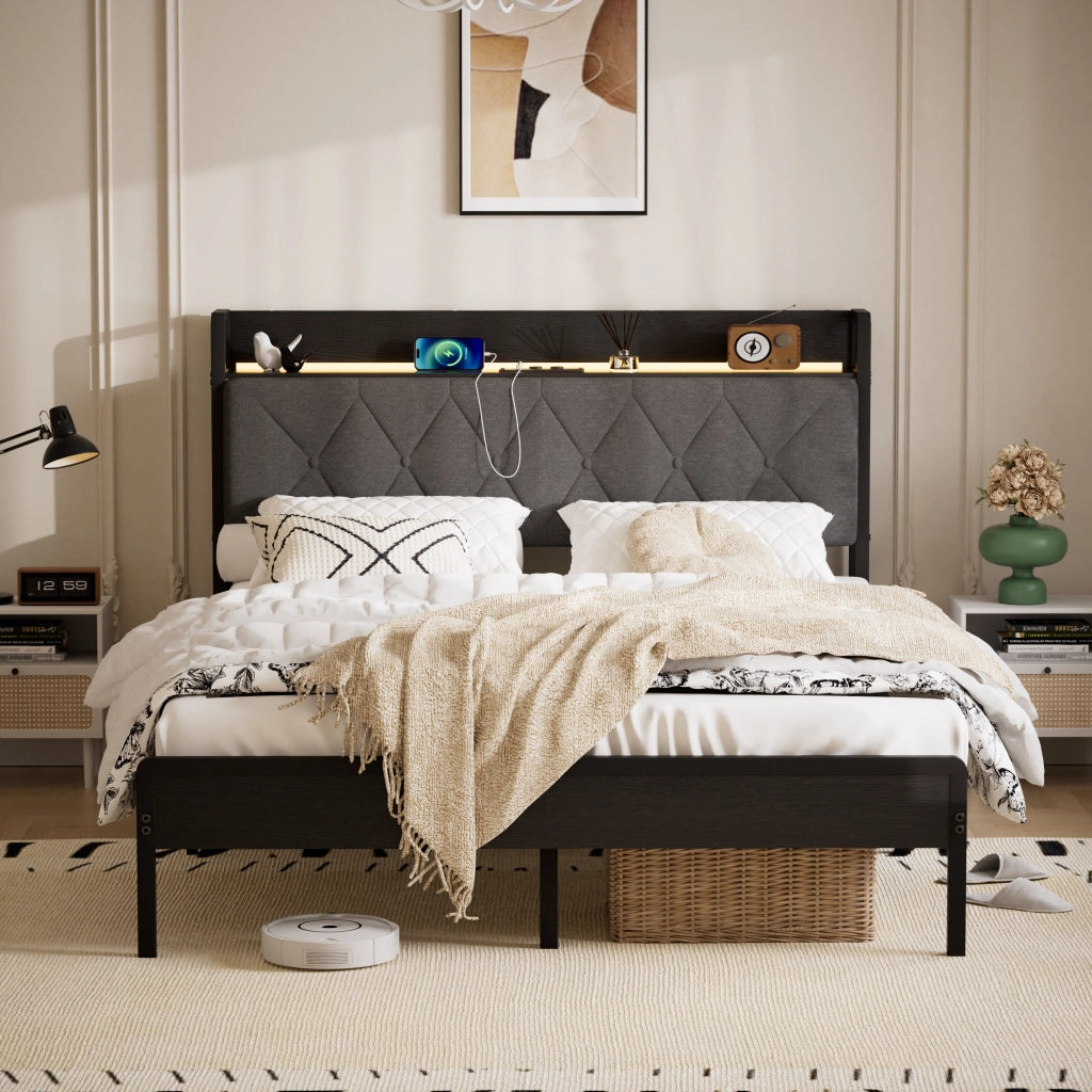 Letto imbottito 140x190 grigio scuro con 2 prese 2 USB testiera e vano contenitore