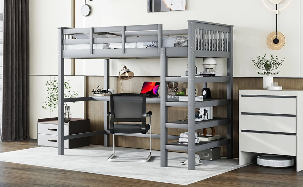 Letto a soppalco per bambini 90 × 200 cm con scrivania e ripiani in legno di pino e MDF grigio