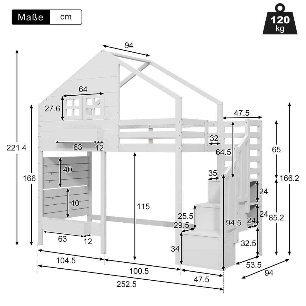 Letto a castello per bambini 90x200 cm in legno di pino massiccio, con finestra, scala contenitore e vani portaoggetti, bianco