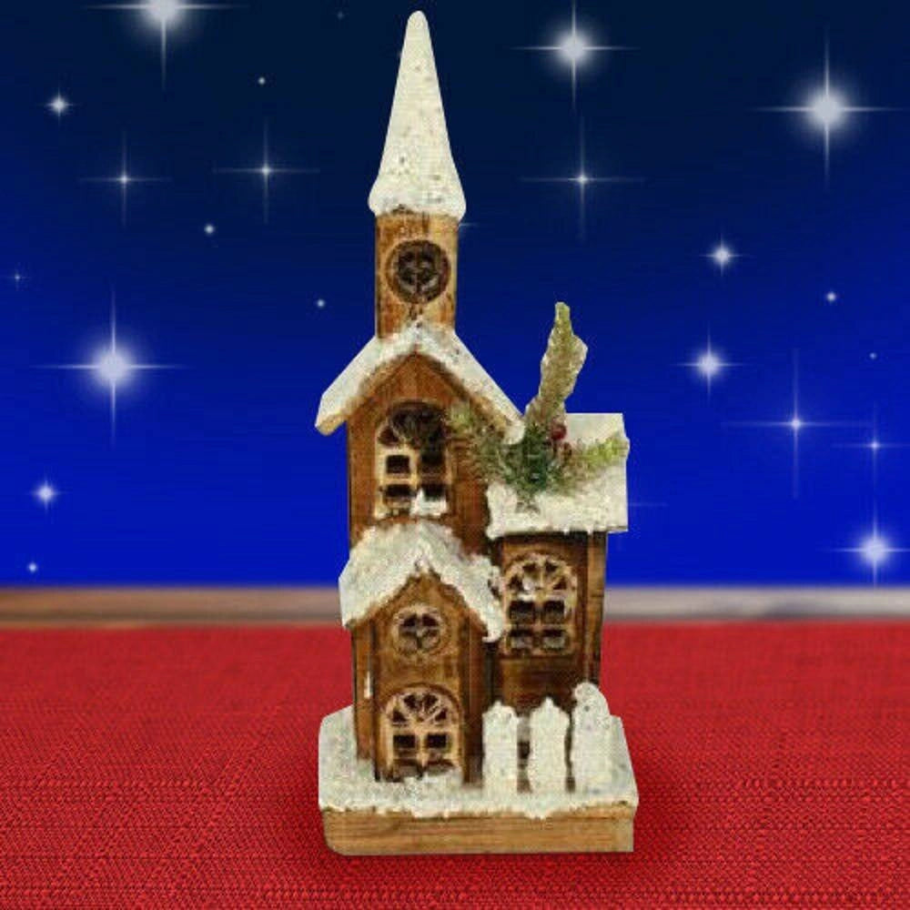 Trade Shop - Campanile Legno Innevato Con Luci Gialle Altezza 41 Cm Decorazioni Natalizie -