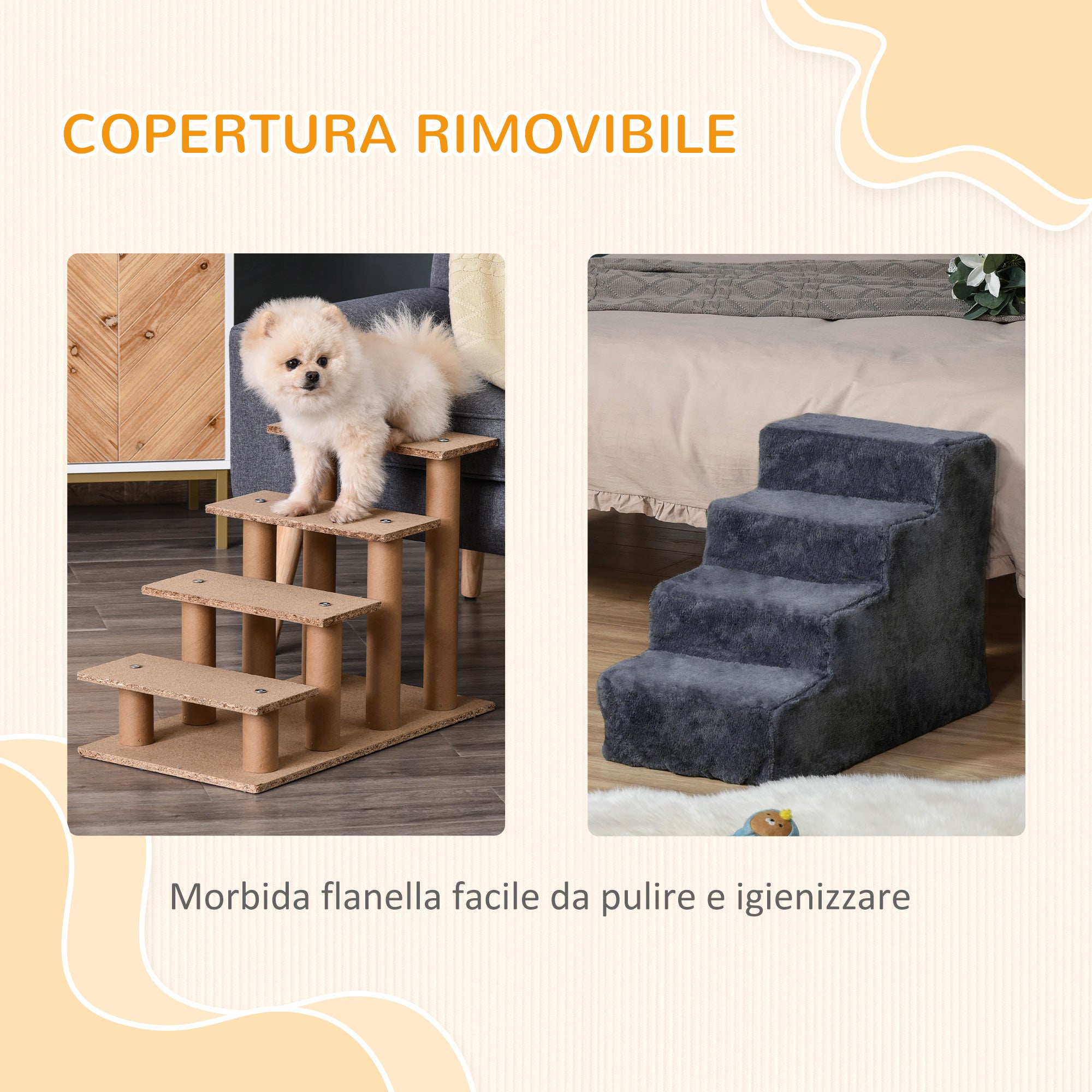 Scaletta per Cani Portatile a 4 Gradini 60x35x44 cm in Tessuto Vellutato Sfoderabile e Legno Grigio Scuro