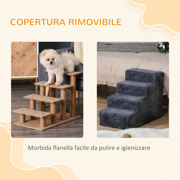 Scaletta per Cani Portatile a 4 Gradini 60x35x44 cm in Tessuto Vellutato Sfoderabile e Legno Grigio Scuro
