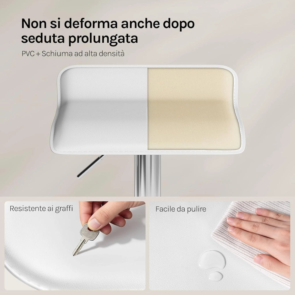 Sgabello da Cucina, Sgabello da Bar Colazione Regolabile in Altezza Girevole a 360°, per Bar, Cucina, Banco, Caffè, PVC+Metallo, con Poggiapiedi, Bianco+Argento