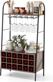 Wijnrek per 18 Flessine, con 5 contenitori per bicchieri e 2 pannelli, 110 cm, libero, Wijnflessenrek per cucina, cantina, bar, rustico marrone, 63 x 32 x
