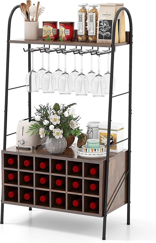 Wijnrek per 18 Flessine, con 5 contenitori per bicchieri e 2 pannelli, 110 cm, libero, Wijnflessenrek per cucina, cantina, bar, rustico marrone, 63 x 32 x