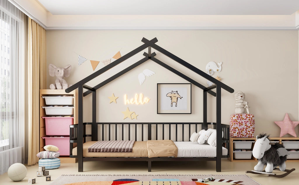 Letto per bambini 90 × 200 cm con barriera di sicurezza et struttura a casetta, senza materasso, in metallo, nero