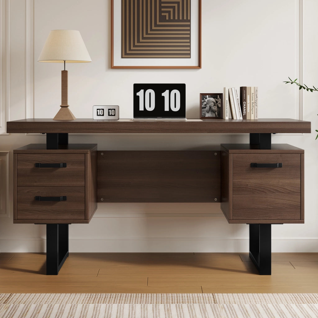Scrivania lineare con 2 cassetti e vano per raccoglitori, in MDF e metallo, per ufficio, marrone, 135 × 54 cm