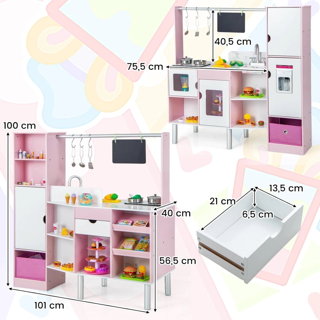 Cucina e Mercato per Bambini 2 in 1, Cucina Giocattolo per Bambini con Luci e Suoni, Produttore di Ghiaccio e Lavagna, Ideale per Bambini 3 Anni+