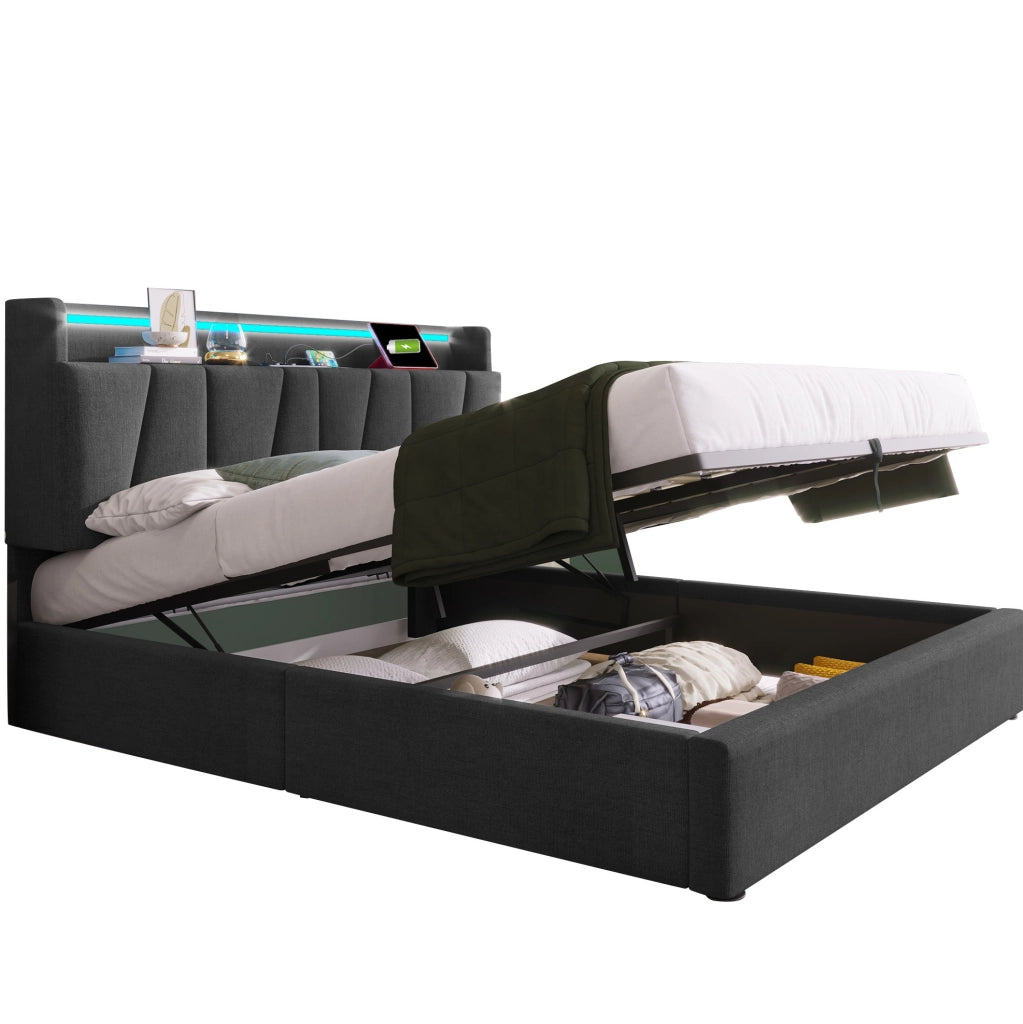 Letto contenitore 140x200 cm con testiera con prese e LED RGBW in lino grigio
