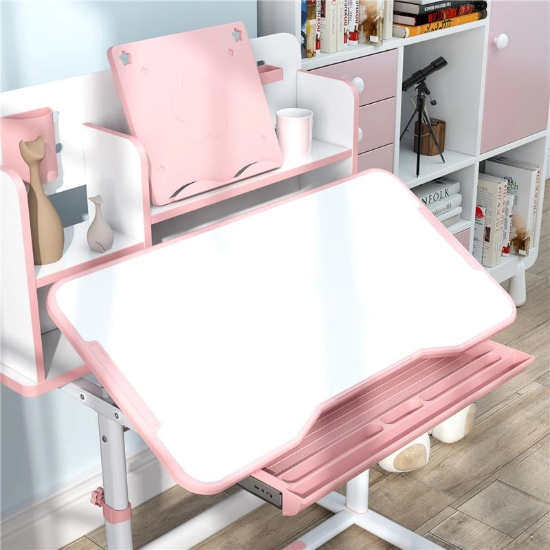 SET SCRIVANIA E SEDIA PER BAMBINI REGOLABILI BANCO SCUOLA CON PIANO INCLINABILE CASSETTO SCAFFALE ROSA