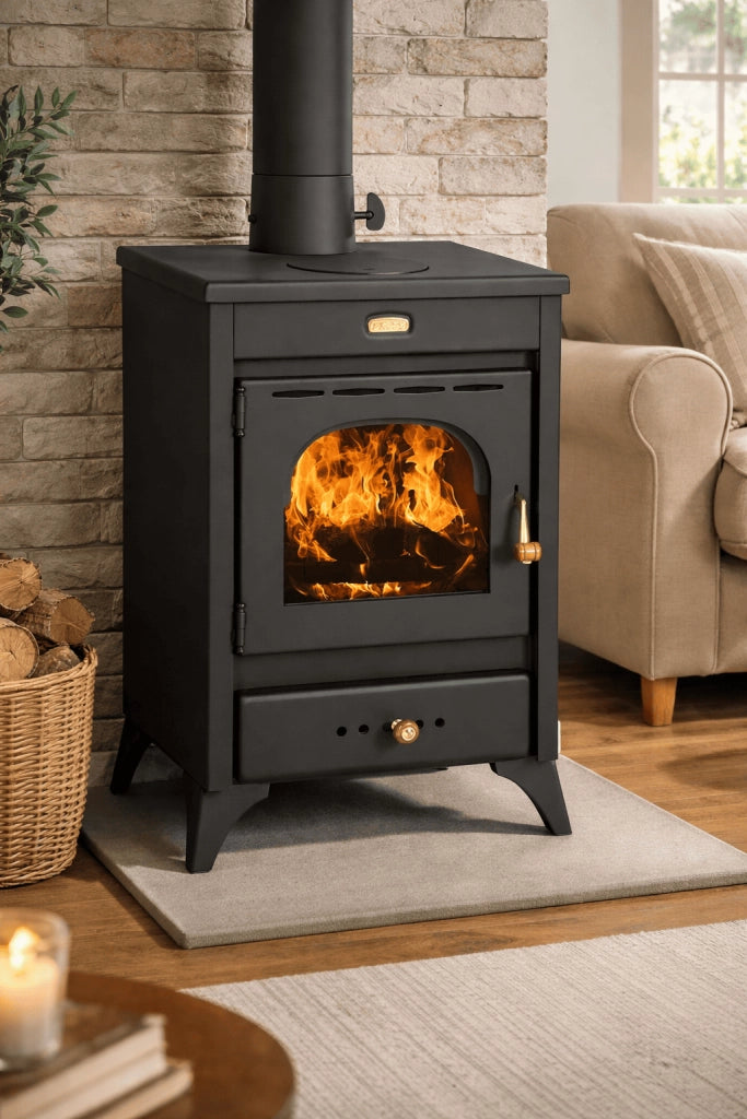 STUFA A LEGNA MODELLO KIR 9-12KW volume riscaldabile 230mc. Cm 46x38x75h