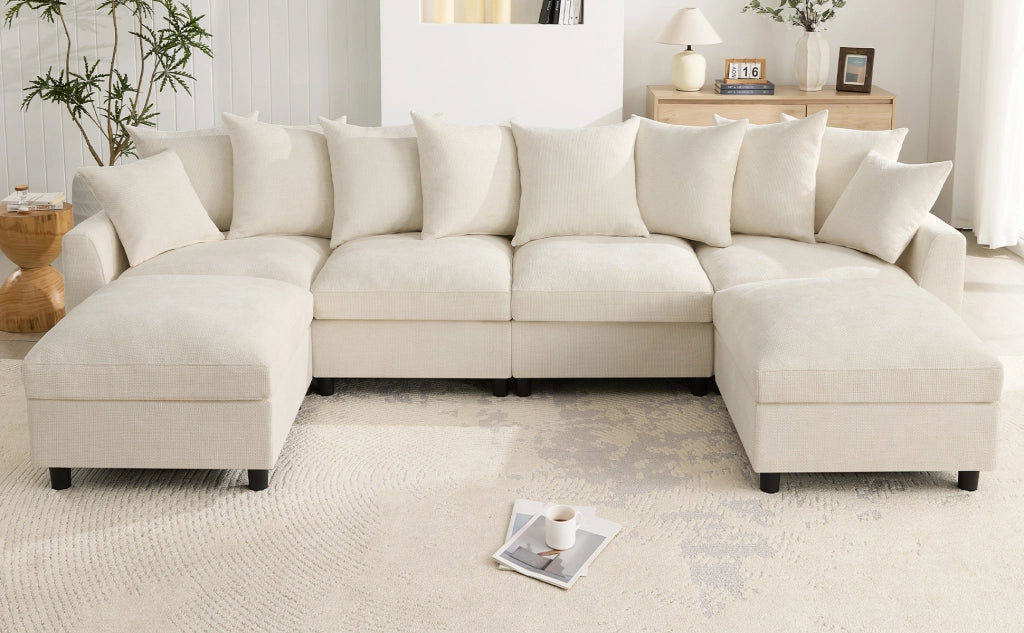 Divano angolare modulare a U o L 6 posti con porte USB e Type-C 8 cuscini e 2 pouf in chenille beige