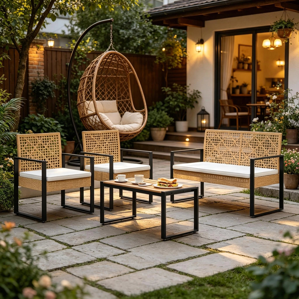 Mobili Da Giardino Modulare 4 Pezzi Con Divano, Sedie E Tavolino, Naturale, Rattan E Metallo